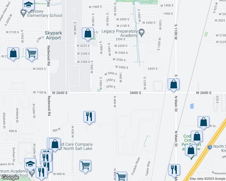 map of restaurants, bars, coffee shops, grocery stores, and more near 2584 South 1425 West in Woods Cross