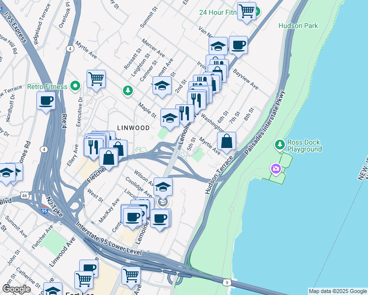 map of restaurants, bars, coffee shops, grocery stores, and more near 1 Wall Street in Fort Lee