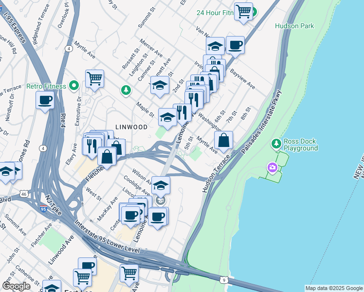 map of restaurants, bars, coffee shops, grocery stores, and more near 2325 5th Street in Fort Lee