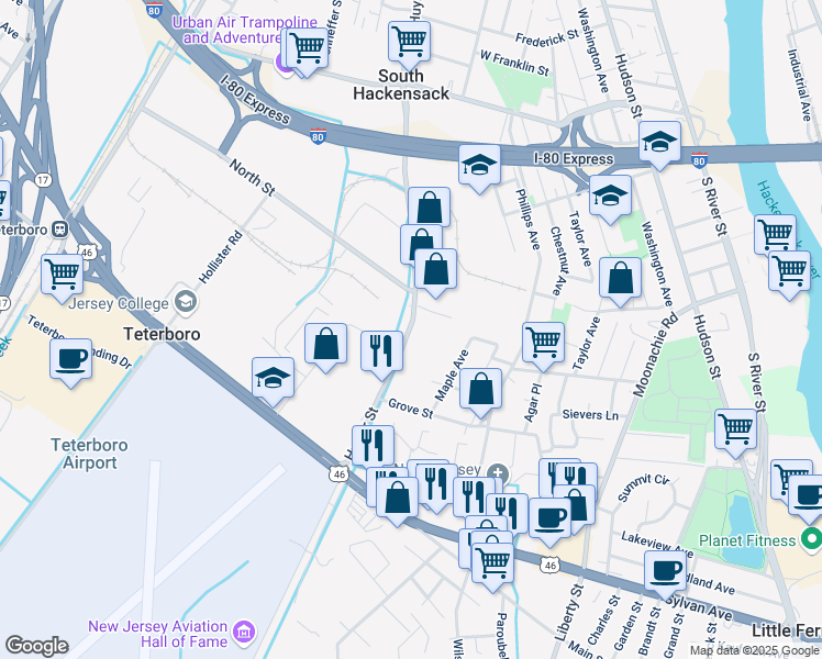 map of restaurants, bars, coffee shops, grocery stores, and more near in Hackensack