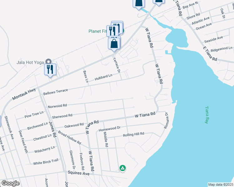 map of restaurants, bars, coffee shops, grocery stores, and more near 10 Norwood Road in Hampton Bays