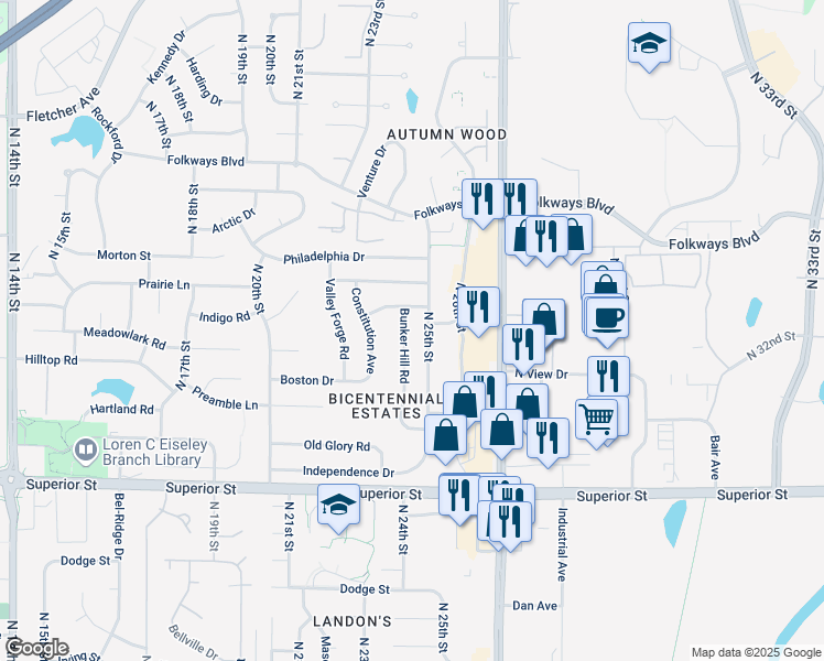 map of restaurants, bars, coffee shops, grocery stores, and more near 5020 Bunker Hill Road in Lincoln