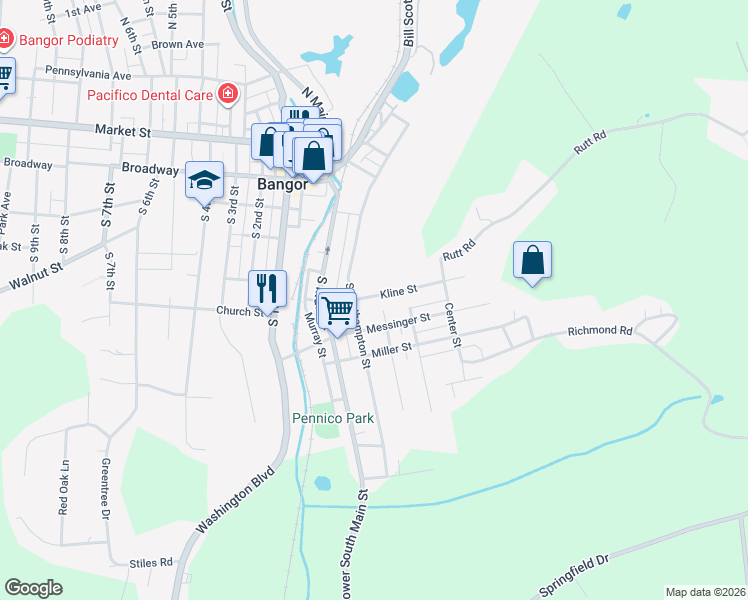 map of restaurants, bars, coffee shops, grocery stores, and more near 130 Kline Street in Bangor