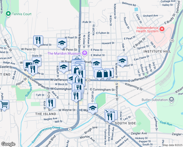 map of restaurants, bars, coffee shops, grocery stores, and more near 141 East New Castle Street in Butler