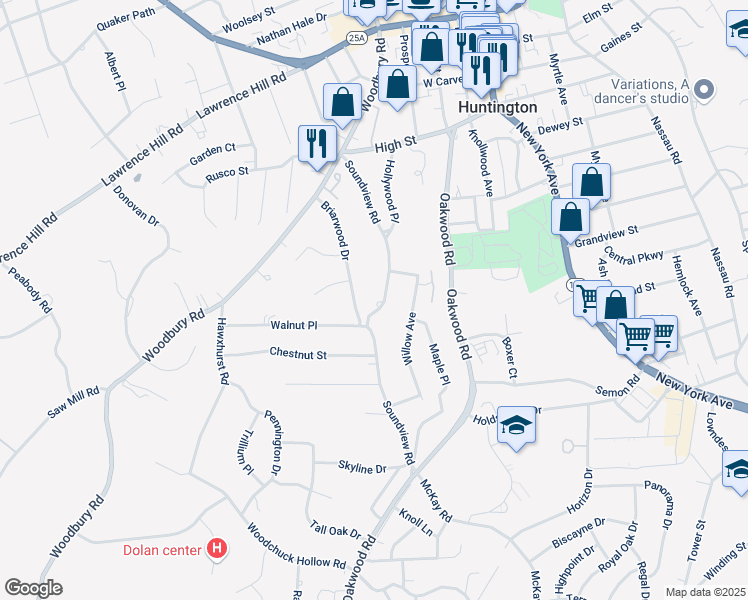 map of restaurants, bars, coffee shops, grocery stores, and more near 152 Soundview Road in Huntington