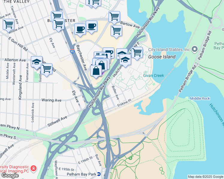 map of restaurants, bars, coffee shops, grocery stores, and more near 2305 Boller Avenue in Bronx