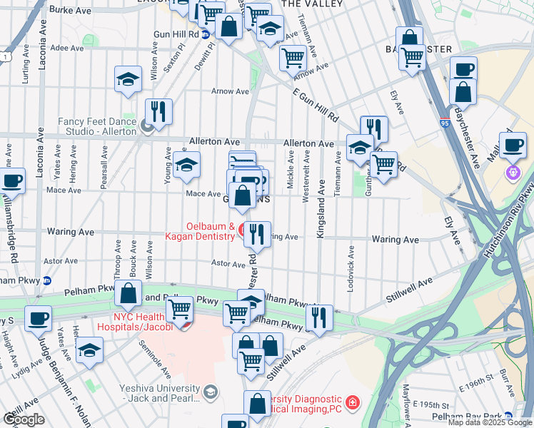 map of restaurants, bars, coffee shops, grocery stores, and more near 2421 Woodhull Avenue in Bronx