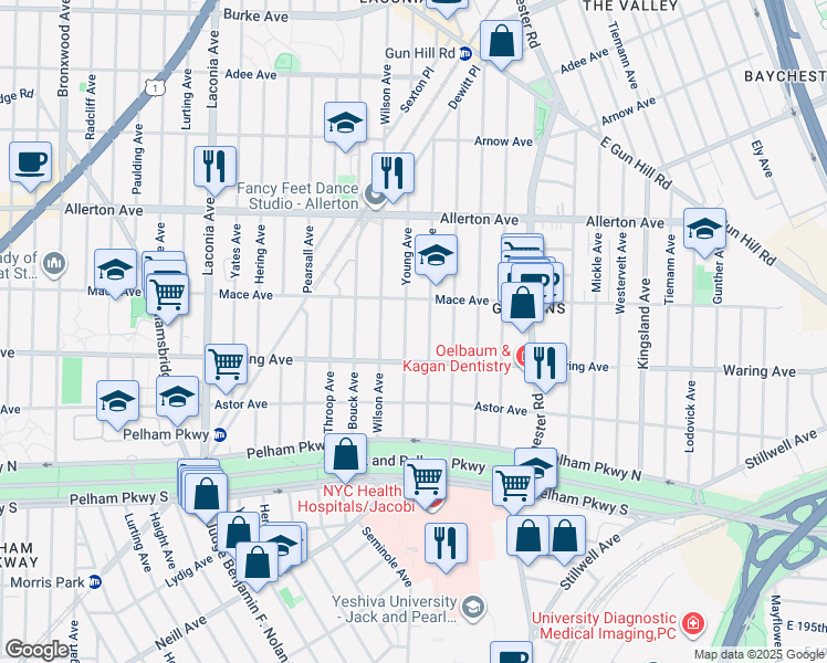 map of restaurants, bars, coffee shops, grocery stores, and more near 2410 Young Avenue in Bronx
