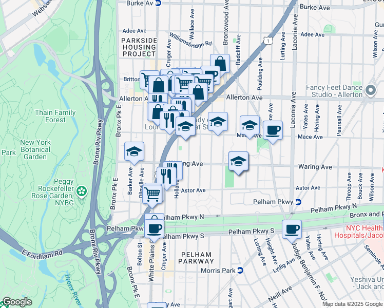 map of restaurants, bars, coffee shops, grocery stores, and more near 2400 Wallace Avenue in Bronx