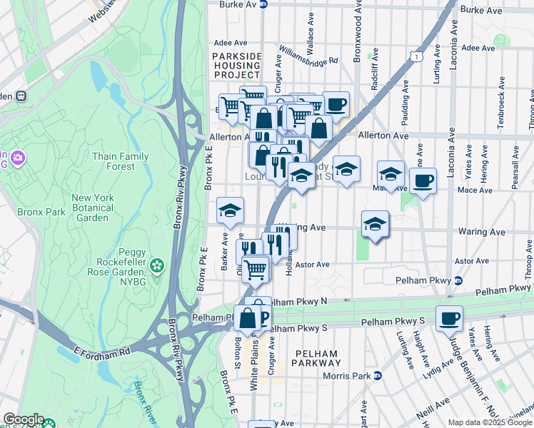 map of restaurants, bars, coffee shops, grocery stores, and more near in The Bronx