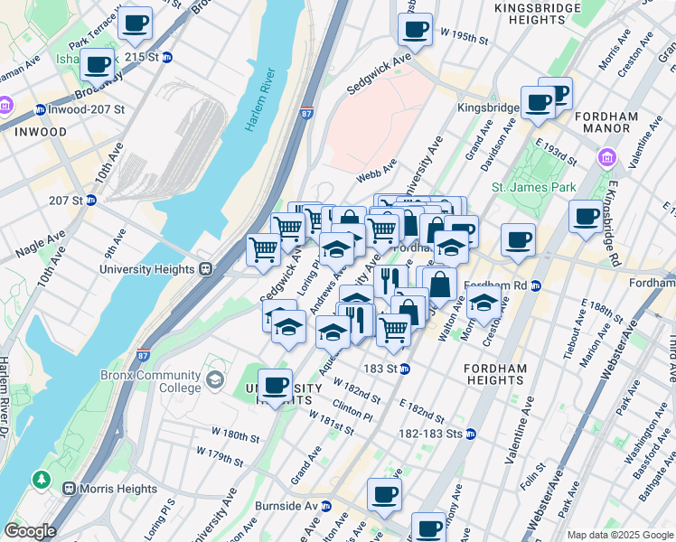 map of restaurants, bars, coffee shops, grocery stores, and more near 2315 University Avenue in The Bronx