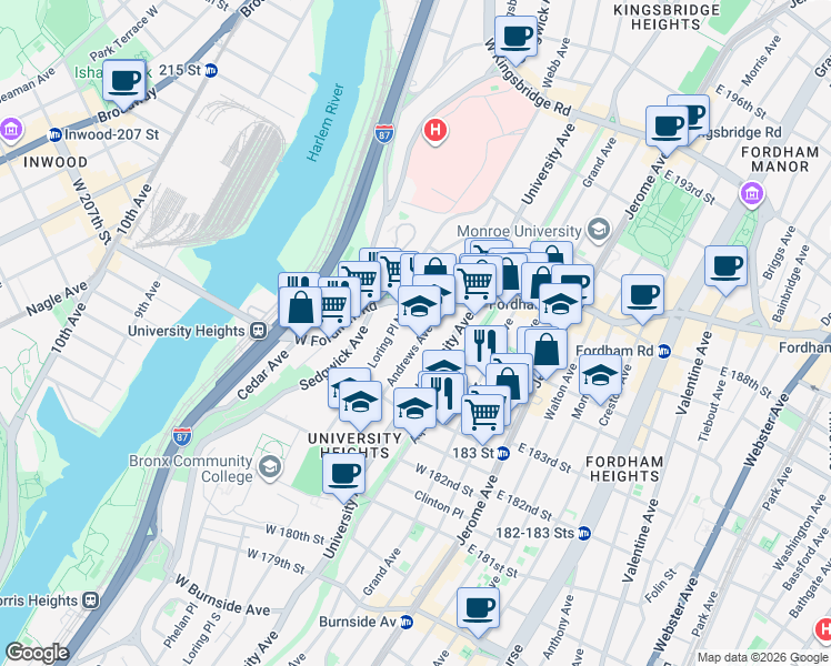 map of restaurants, bars, coffee shops, grocery stores, and more near 2300 Loring Place North in Bronx