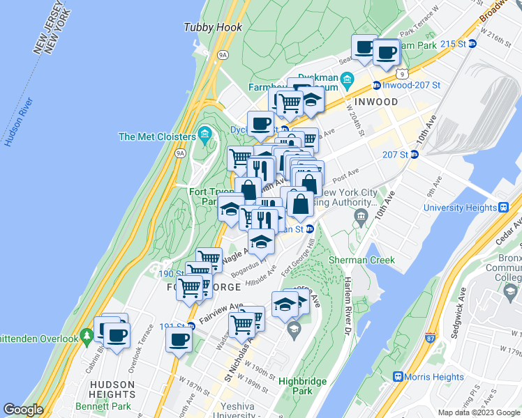 map of restaurants, bars, coffee shops, grocery stores, and more near 87 Ellwood Street in New York