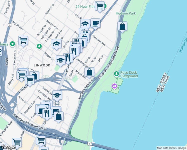 map of restaurants, bars, coffee shops, grocery stores, and more near 2369 Hudson Terrace in Fort Lee