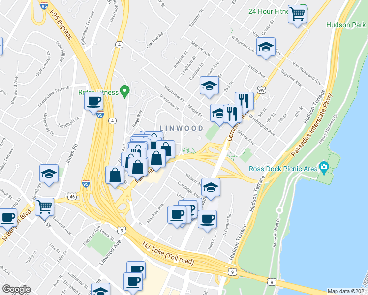 map of restaurants, bars, coffee shops, grocery stores, and more near 400 Park Place in Fort Lee