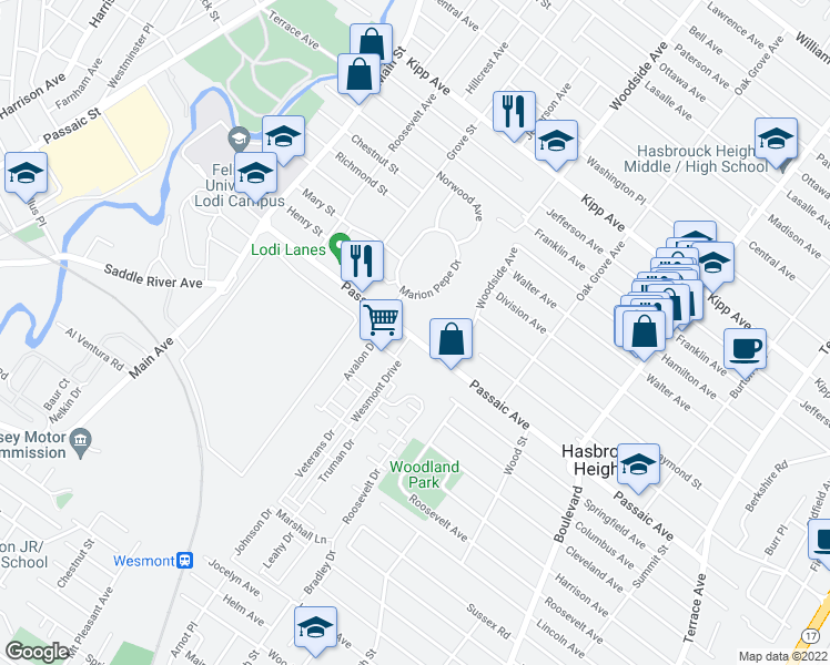 map of restaurants, bars, coffee shops, grocery stores, and more near 232 Terhune Avenue in Wood-Ridge