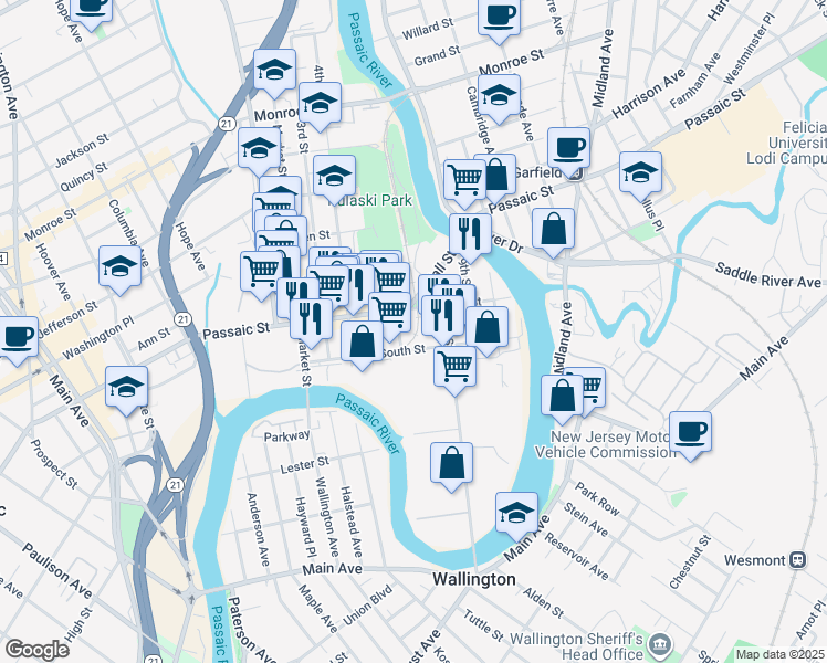 map of restaurants, bars, coffee shops, grocery stores, and more near 80 South Street in Passaic