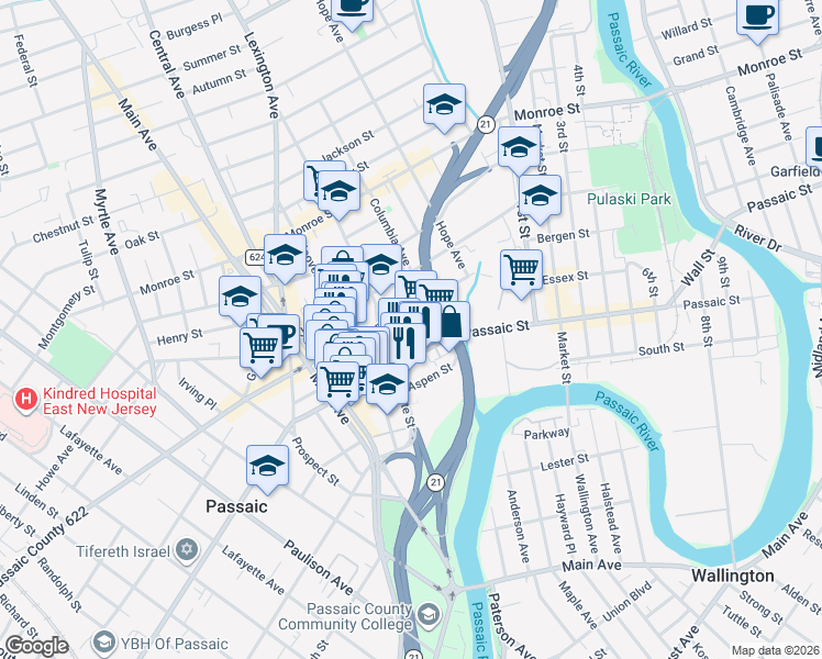 map of restaurants, bars, coffee shops, grocery stores, and more near 56 Ann Street in Passaic