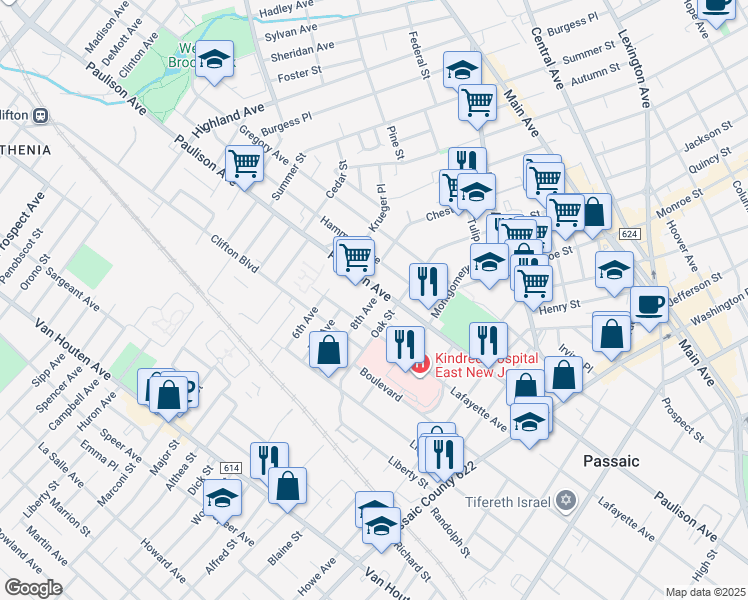 map of restaurants, bars, coffee shops, grocery stores, and more near 17 8th Avenue in Passaic