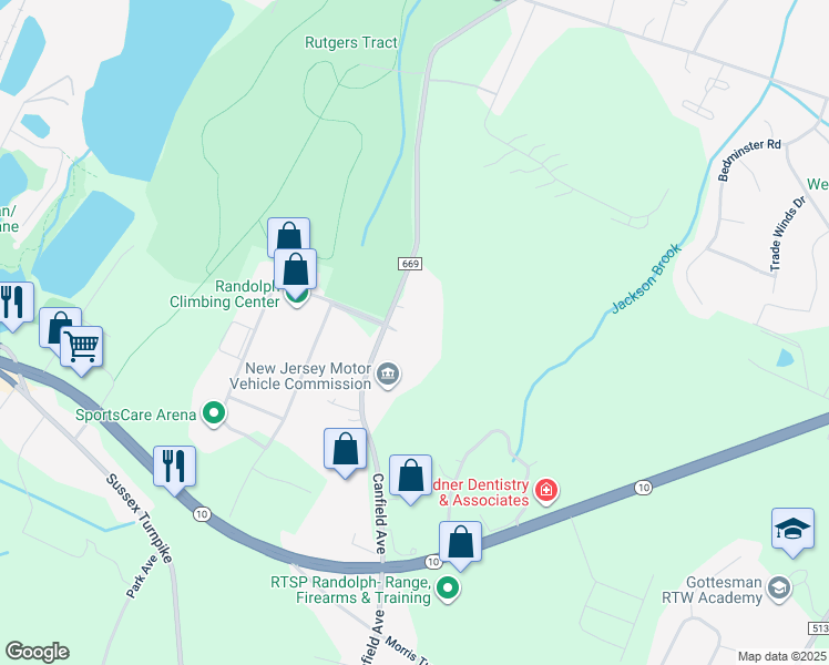 map of restaurants, bars, coffee shops, grocery stores, and more near 5308 Barclay Court in Randolph