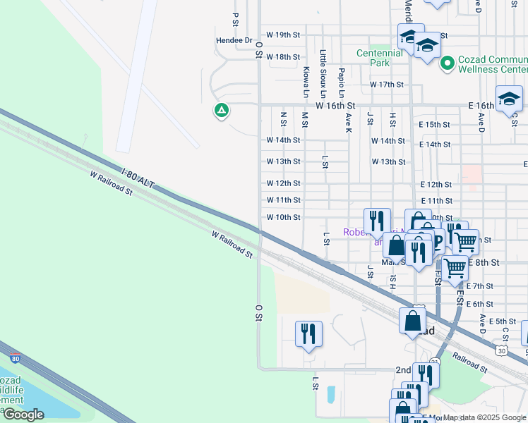 map of restaurants, bars, coffee shops, grocery stores, and more near 601-799 West 10th Street in Cozad
