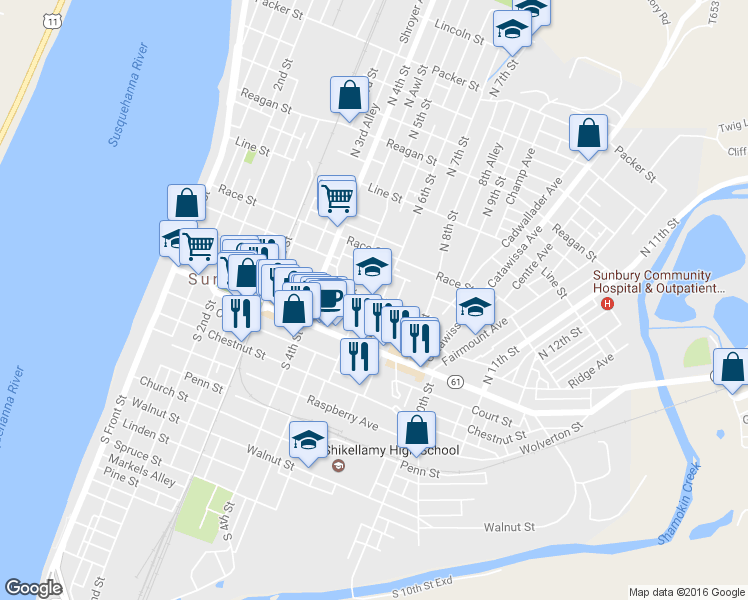 map of restaurants, bars, coffee shops, grocery stores, and more near 600 Arch Street in Sunbury