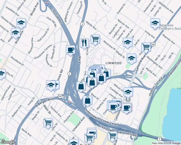 map of restaurants, bars, coffee shops, grocery stores, and more near 3020 Edwin Avenue in Fort Lee