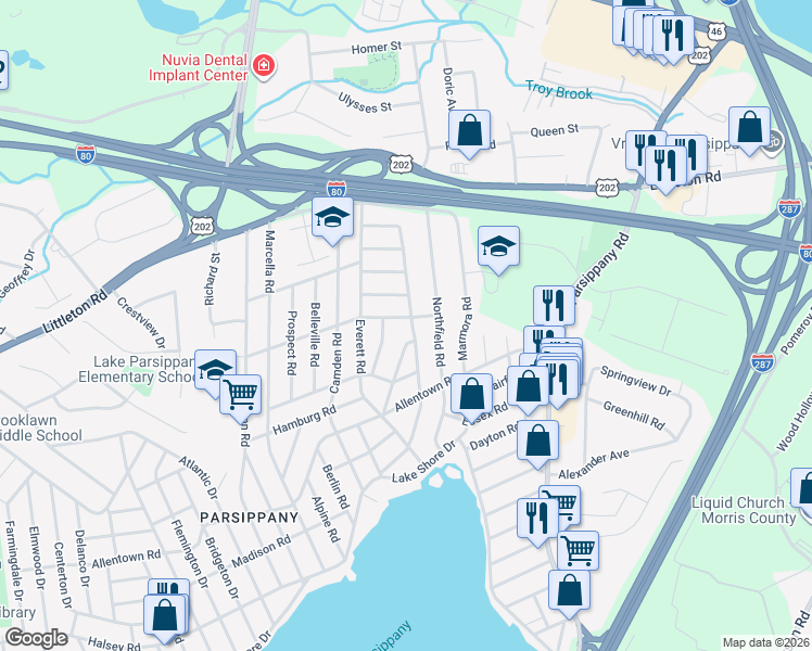 map of restaurants, bars, coffee shops, grocery stores, and more near 72 Grantwood Road in Parsippany-Troy Hills