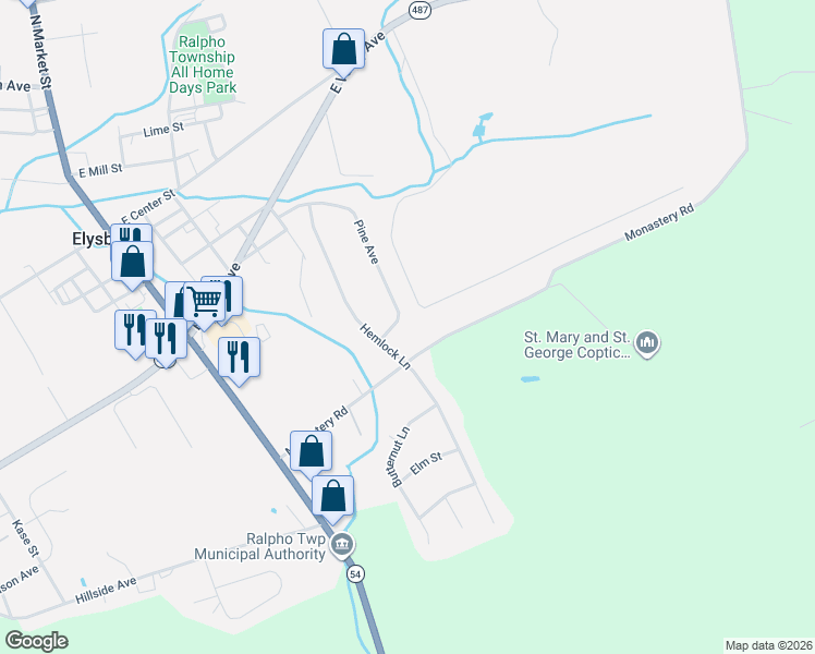 map of restaurants, bars, coffee shops, grocery stores, and more near 20-28 Monastery Road in Elysburg