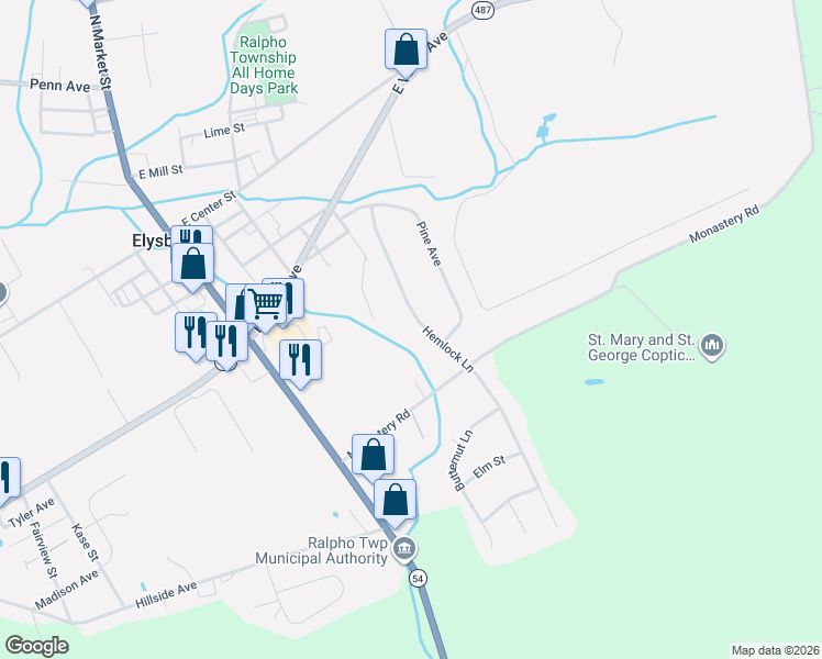 map of restaurants, bars, coffee shops, grocery stores, and more near 2-26 Hemlock Lane in Elysburg