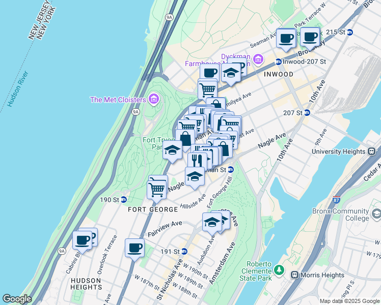 map of restaurants, bars, coffee shops, grocery stores, and more near 87 Ellwood Street in New York