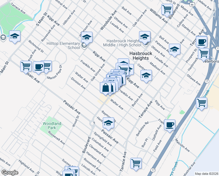 map of restaurants, bars, coffee shops, grocery stores, and more near 203 Boulevard in Hasbrouck Heights