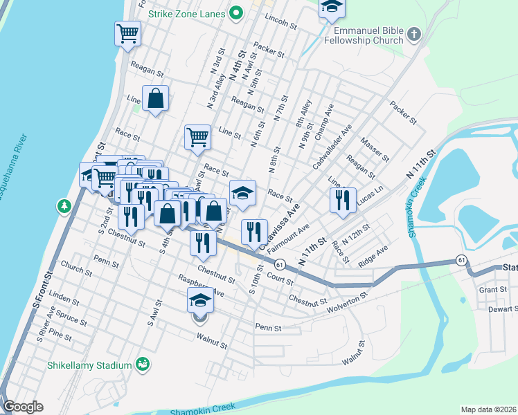 map of restaurants, bars, coffee shops, grocery stores, and more near 600 Arch Street in Sunbury