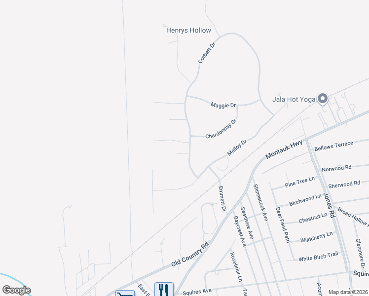 map of restaurants, bars, coffee shops, grocery stores, and more near 12 Corbett Drive in East Quogue