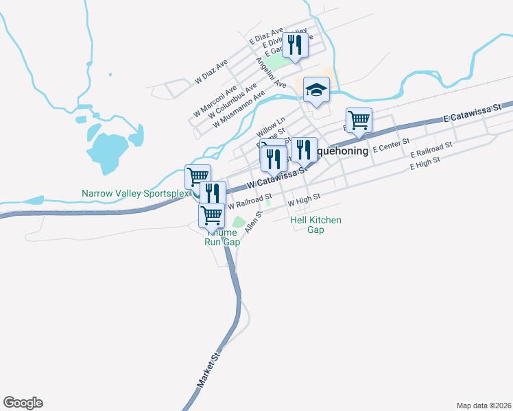 map of restaurants, bars, coffee shops, grocery stores, and more near 315 West Railroad Street in Nesquehoning