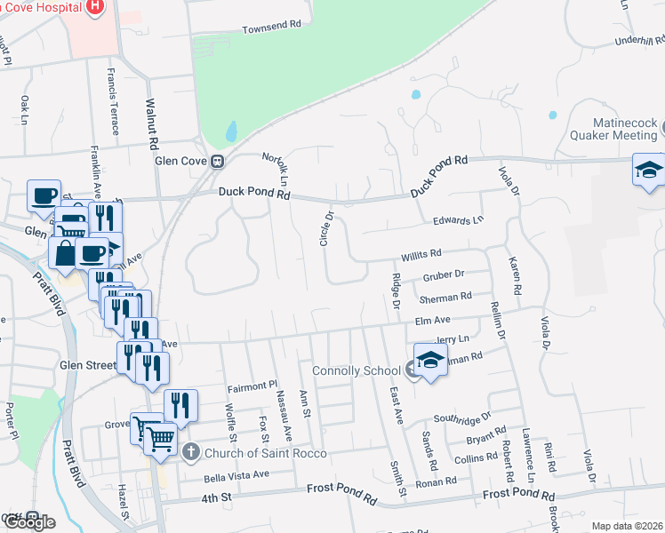 map of restaurants, bars, coffee shops, grocery stores, and more near 29 Circle Drive in Glen Cove