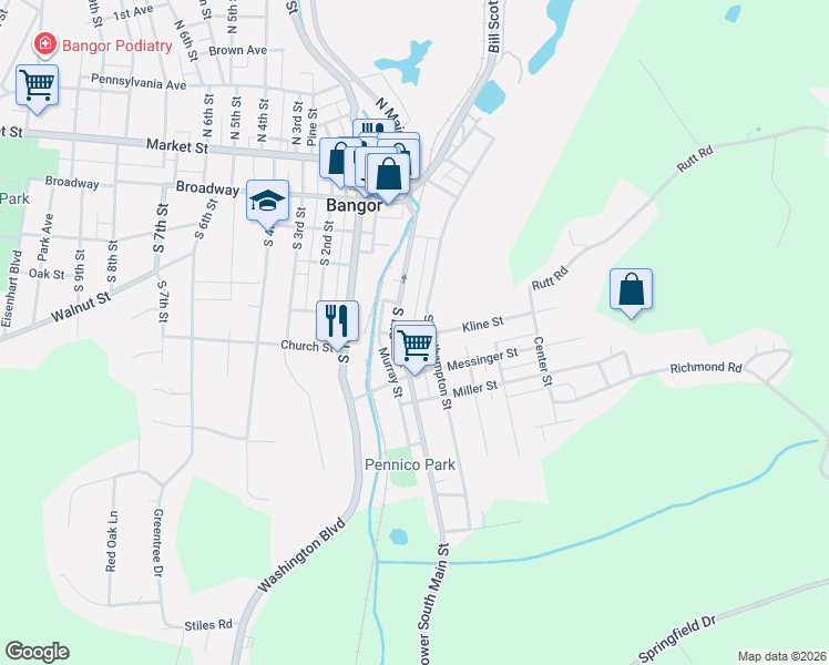map of restaurants, bars, coffee shops, grocery stores, and more near 42 Kline Street in Bangor