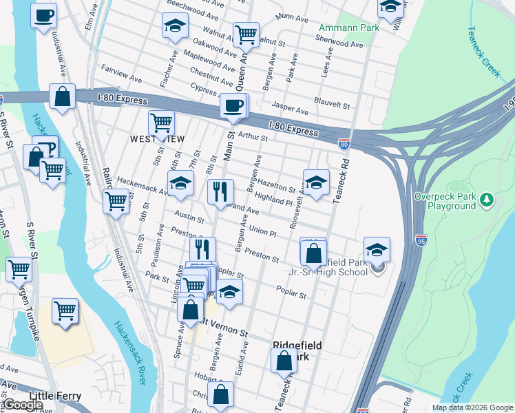 map of restaurants, bars, coffee shops, grocery stores, and more near 45 Grand Avenue in Ridgefield Park