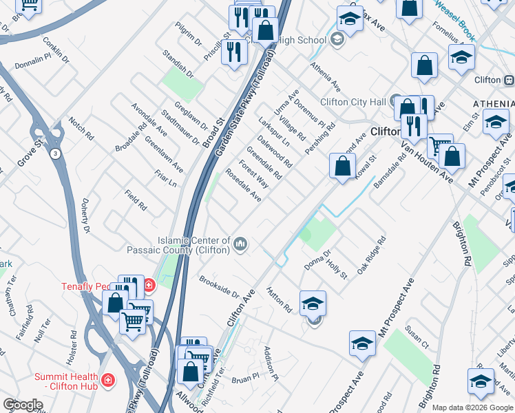 map of restaurants, bars, coffee shops, grocery stores, and more near 195 Pershing Road in Clifton