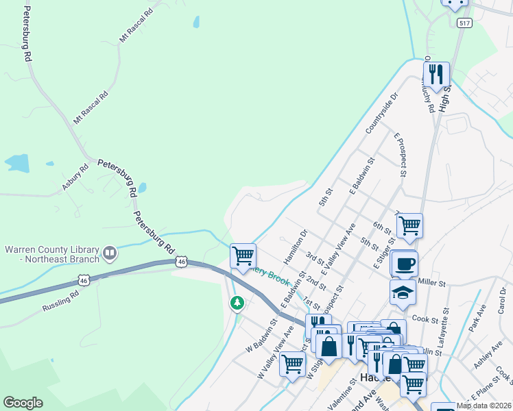 map of restaurants, bars, coffee shops, grocery stores, and more near 12-20 U.S. 46 in Hackettstown