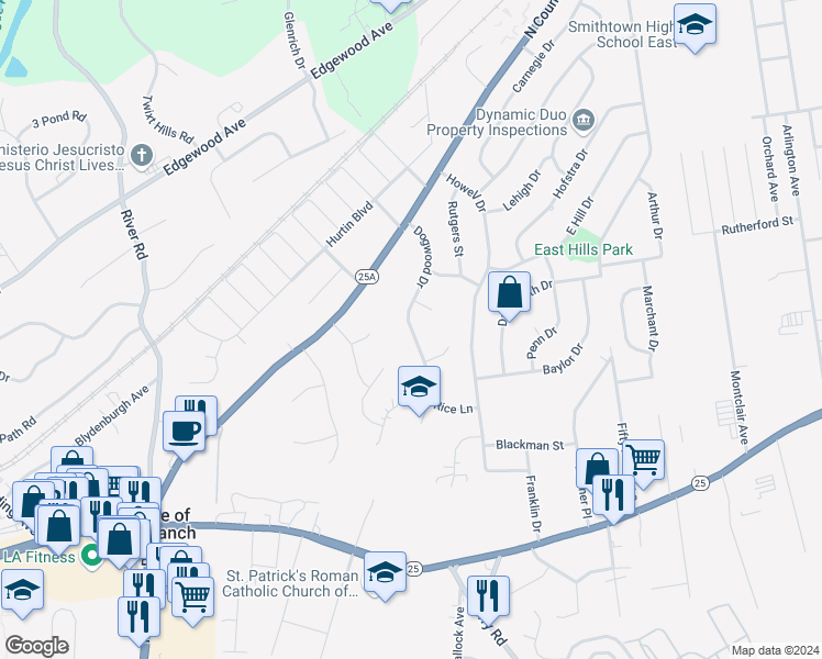 map of restaurants, bars, coffee shops, grocery stores, and more near 13 Dogwood Drive in Smithtown