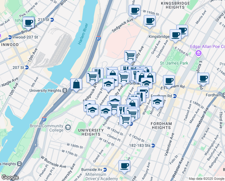 map of restaurants, bars, coffee shops, grocery stores, and more near 2336 Andrews Avenue North in Bronx