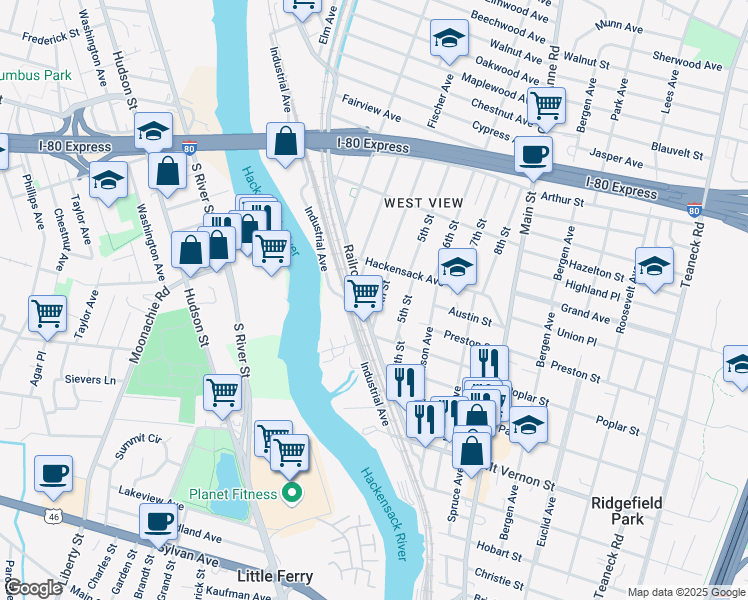 map of restaurants, bars, coffee shops, grocery stores, and more near 33 4th Street in Ridgefield Park
