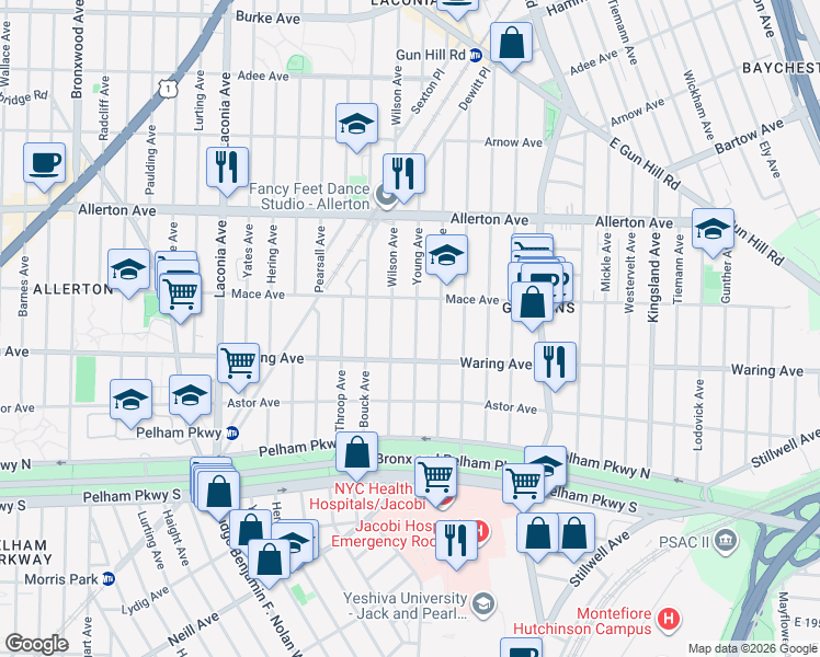 map of restaurants, bars, coffee shops, grocery stores, and more near 2410 Young Avenue in Bronx