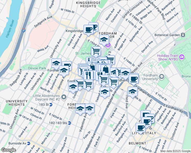 map of restaurants, bars, coffee shops, grocery stores, and more near 2474 Valentine Avenue in The Bronx