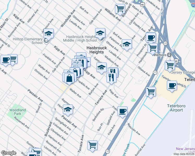map of restaurants, bars, coffee shops, grocery stores, and more near 145 Burton Avenue in Hasbrouck Heights