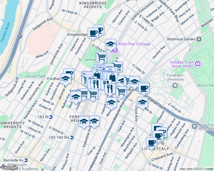 map of restaurants, bars, coffee shops, grocery stores, and more near 2474 Valentine Avenue in The Bronx