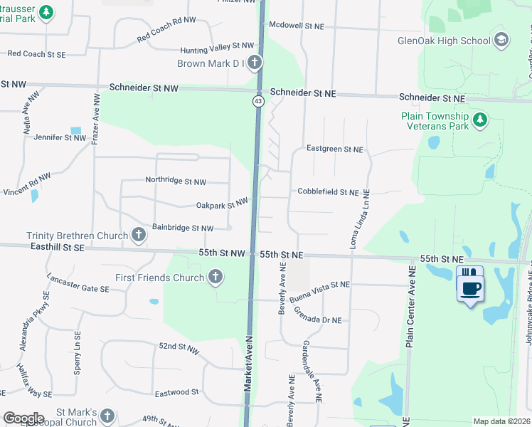 map of restaurants, bars, coffee shops, grocery stores, and more near 5550 Dorrington Avenue Northeast in Canton
