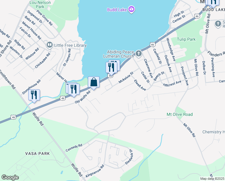 map of restaurants, bars, coffee shops, grocery stores, and more near 4 Wildwood Avenue in Mount Olive Township