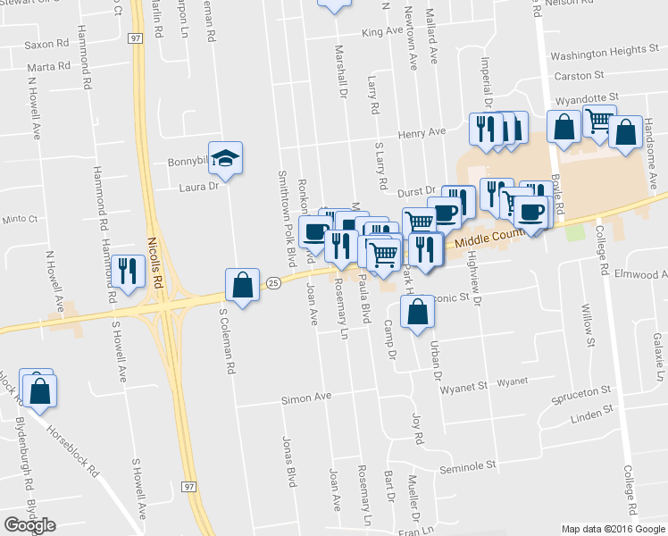 map of restaurants, bars, coffee shops, grocery stores, and more near 672 Middle Country Rd in Selden